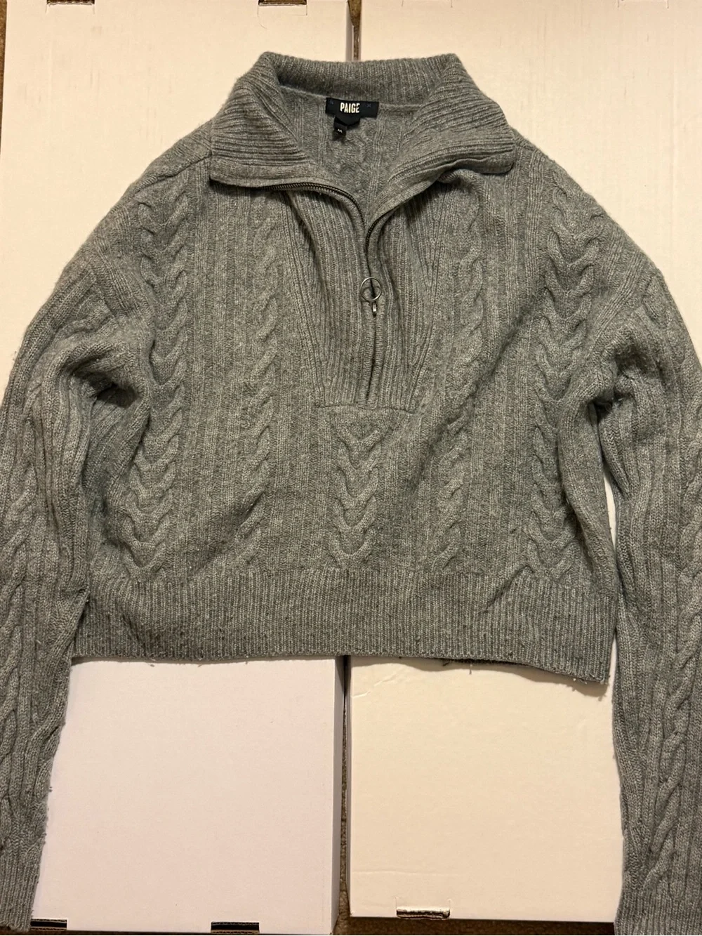 PAIGE Grey Cable Knit Half-Zip Wool Blend Sweater